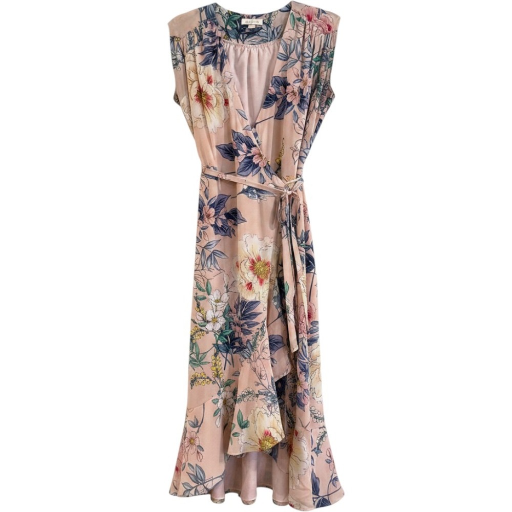 Yumi Kim Floral Wrap Midi Dress Womens Medium Pink Silk Ruffle Cottagecore